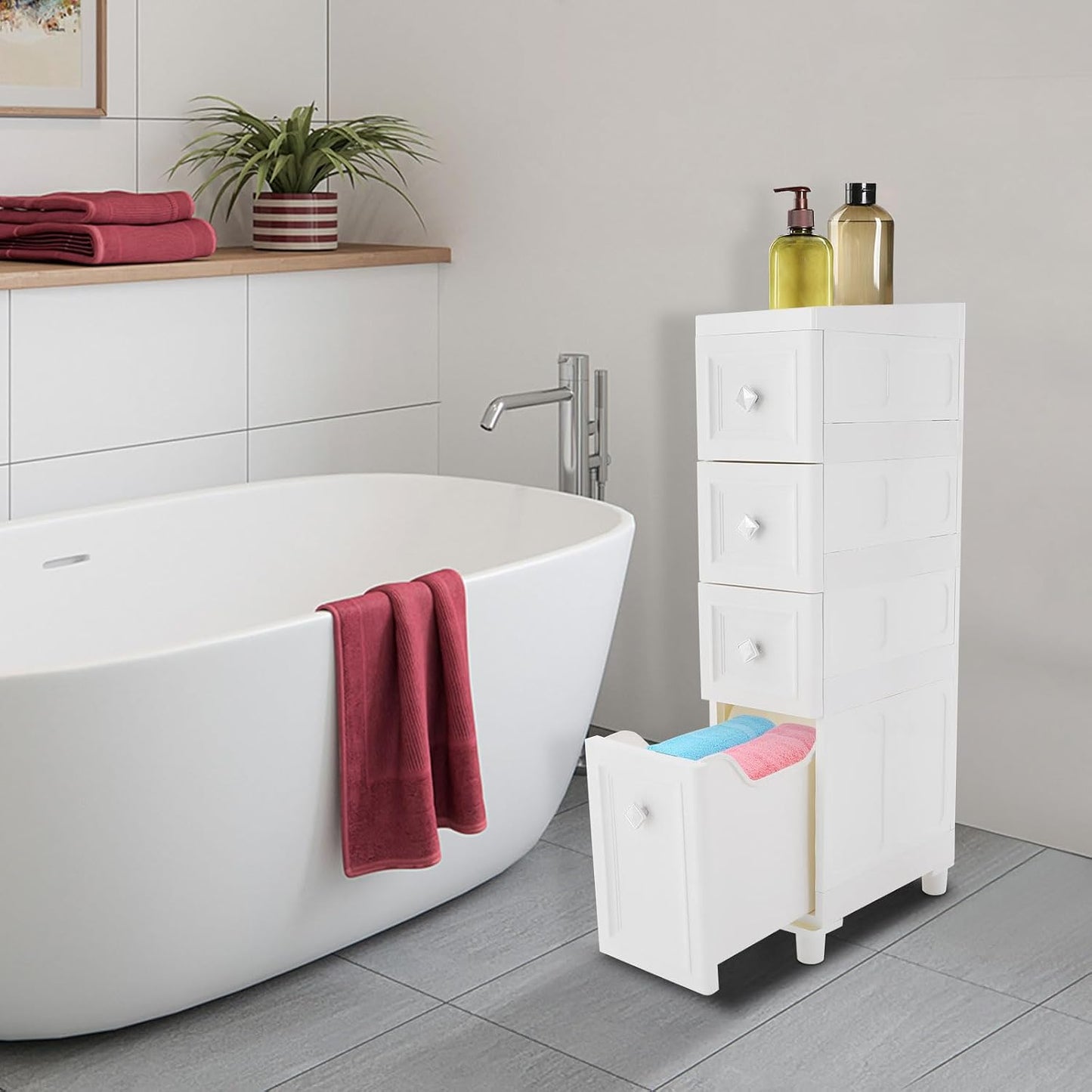 Slim Bathroom Storage Cabinet Freestanding Narrow Plastic Rolling Cart Bathroom Organizer with Drawers for Small Space Office, White (4-Tier)