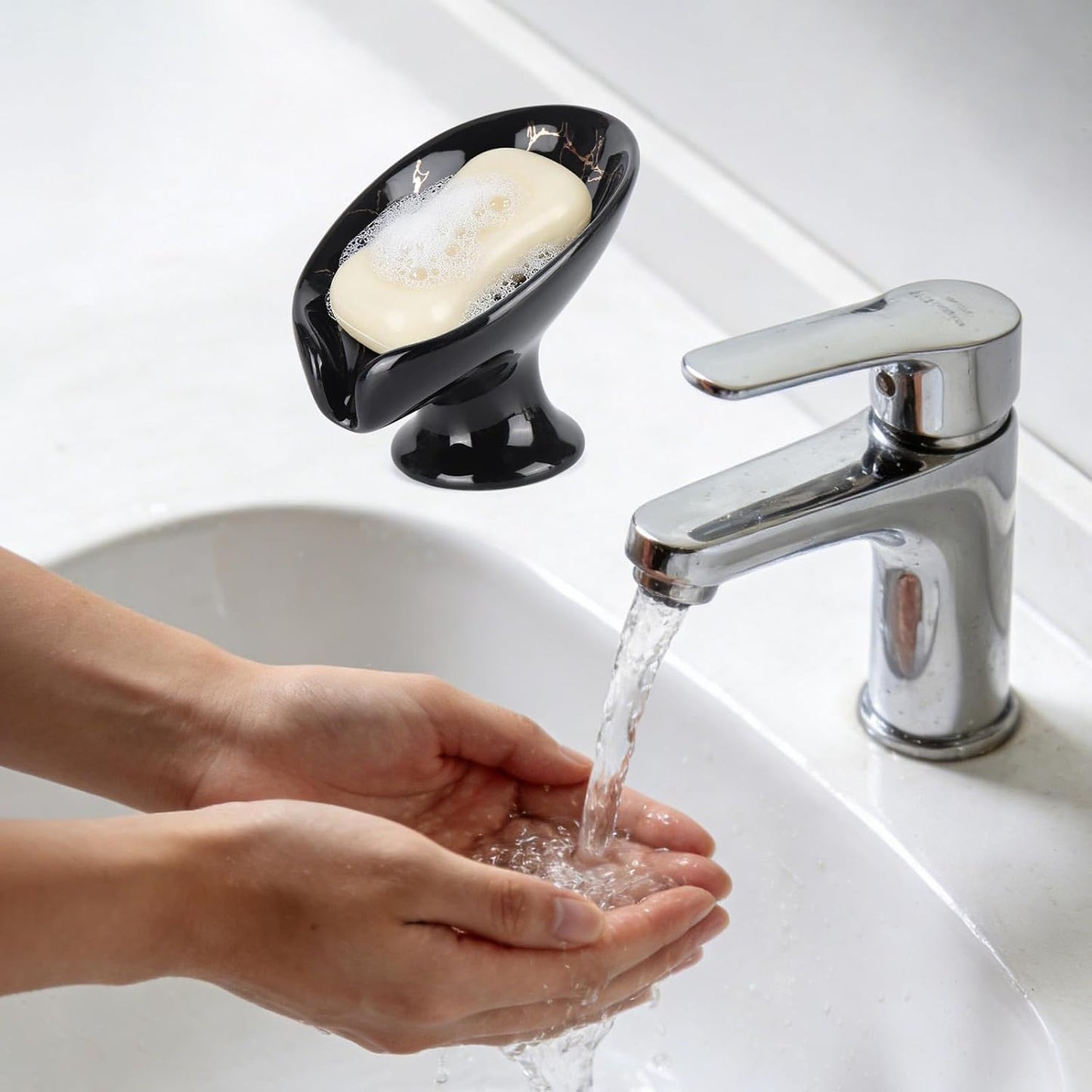 Soap Holder with Drain, Ceramic Soap Dish Self-Draining Bar Soap Tray for Shower Bathroom Kitchen, Black