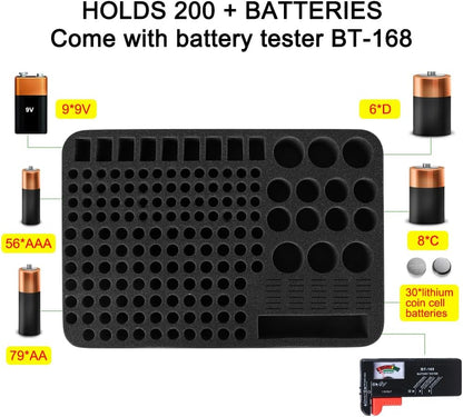 Battery Organizer Storage Box with Tester, Battery Vault Case Fireproof Waterproof Explosionproof Holder Box with Tester BT-168 Checker Carrying Case Container Bag Fit for 200+ Batteries AA AAA C D 9V