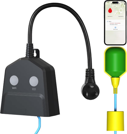 Sump Pump Alarm WiFi, Smart High/Low Water Level Alarm with Alarm-activated Outlet, Free App Alerts,Built-in Backup Battery,110dB Siren,10ft Float Switch for Septic Tank, Sump Pump, Ponds & Water Tank