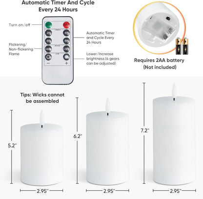 Homemory White Flameless Candles Battery Operated with Remote Timer, 3x3 Real Wax LED Pillar Candle for Home Fireplace Bedroom Living Room Party, Set of 3
