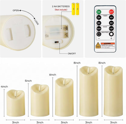 Amagic IP65 Waterproof Outdoor Flameless Candles with Remote, LED Candles Battery Operated with Timer, Flickering Fake Pillar Candle for Outside Patio Yard Decor, Ivory, Set of 5, D3 X H4 5" 6" 8" 8"