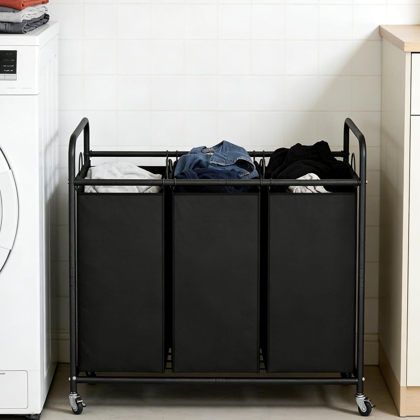LINZINAR 3-Bag Laundry Hamper, Black Laundry Basket, 35.6 Gal(135 L) Laundry Sorter Cart Laundry Room Organization with Heavy Duty Rolling Lockable Wheels and Removable Bags