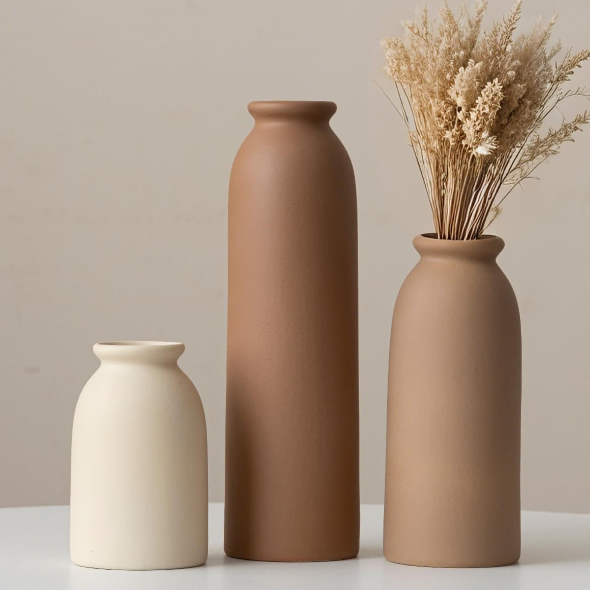 Ceramic Vase Set-3, Small Flower Vases for Decor, Modern Boho Farmhouse Style, Decorative Vases for Pampas Grass & Dried Flowers, Distressed Finish (Beige)