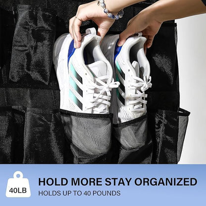 Over the Door Shoe Organizer,24 Mesh Pockets,Hanging Storage (White) | Large breathable mesh pockets for shoes, accessories,and small items,hanging storage holder for bedroom,closet,or entryway.