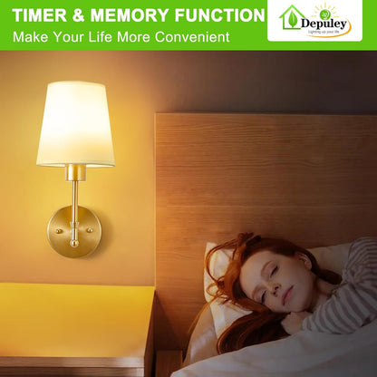 Depuley Battery Operated Wall Sconce: Set of 2 Wireless Wall Lights with 10000mAh Dimmable Bulbs and Remote for Bedroom - Rechargeable 15 Colors Gold Wall Lamp for Living Room Hallway
