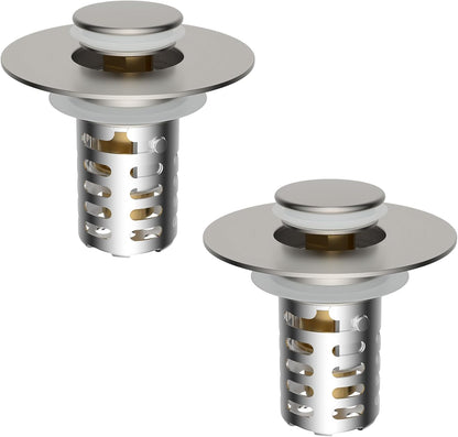 Universal Metal Bathroom Sink Drain Strainer Hair Catcher Upgraded 3 in 1 Pop-up Sink Stopper, with Detachable Stainless Steel Filter Basket, Fit for Standard 1.1''~2.36'' Basin Hole, Brushed Nickle