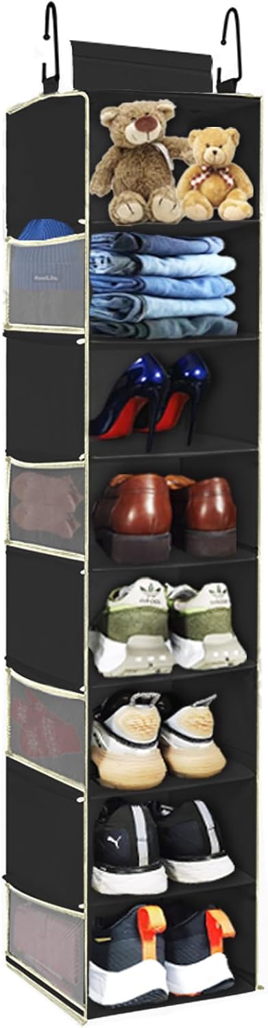 Large-Sized Hanging Shoe Organizer 8-Shelf, Hanging Closet Organizer with 8 Side Pockets, Wider Hanging Shelves for Storage Shoes Clothes 9" W × 11.8" D× 48" H, Grey