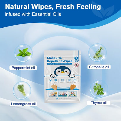 30 PCS Individually Wrapped Mosquito Repellent Wipes, Natural Insect Repellent Wipes Provide 6-8 Hrs Protection, DEET-Free Mosquito Wipes with Travel-Size for Camping, Picnic, BBQ, Travel, Outdoor Use