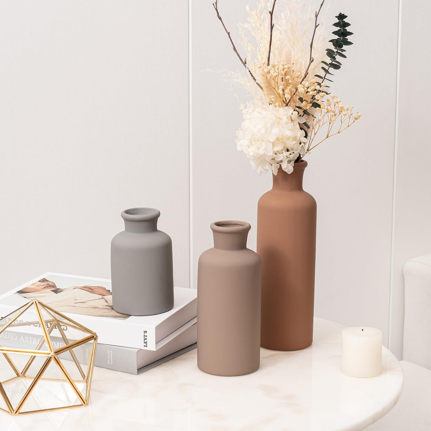 Ceramic Vase Set of 3, Modern Minimalist Neutral Home Decor, Boho Rustic Farmhouse Decorative Vases for Pampas Grass Dried Flowers | Table Centerpiece Entryway Mantel Bookshelf(Black Mix Set - Gray#1)