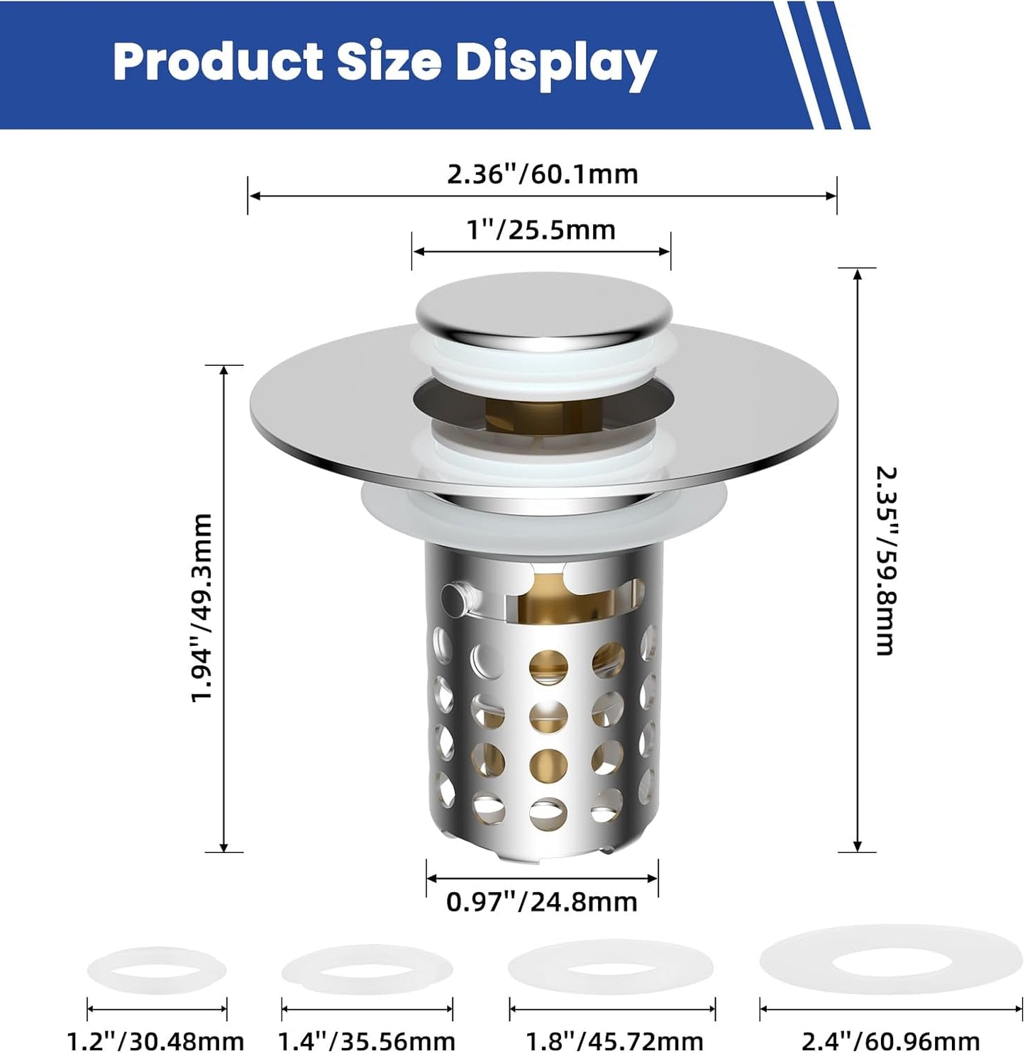 Universal Bathroom Sink Drain Strainer Hair Catcher, Brushed Nickel | Upgraded with Removable Stainless Steel Filter Basket, 3 in 1 Pop Up Sink Stopper for 1.1''~2.36'' Sink Basin Hole