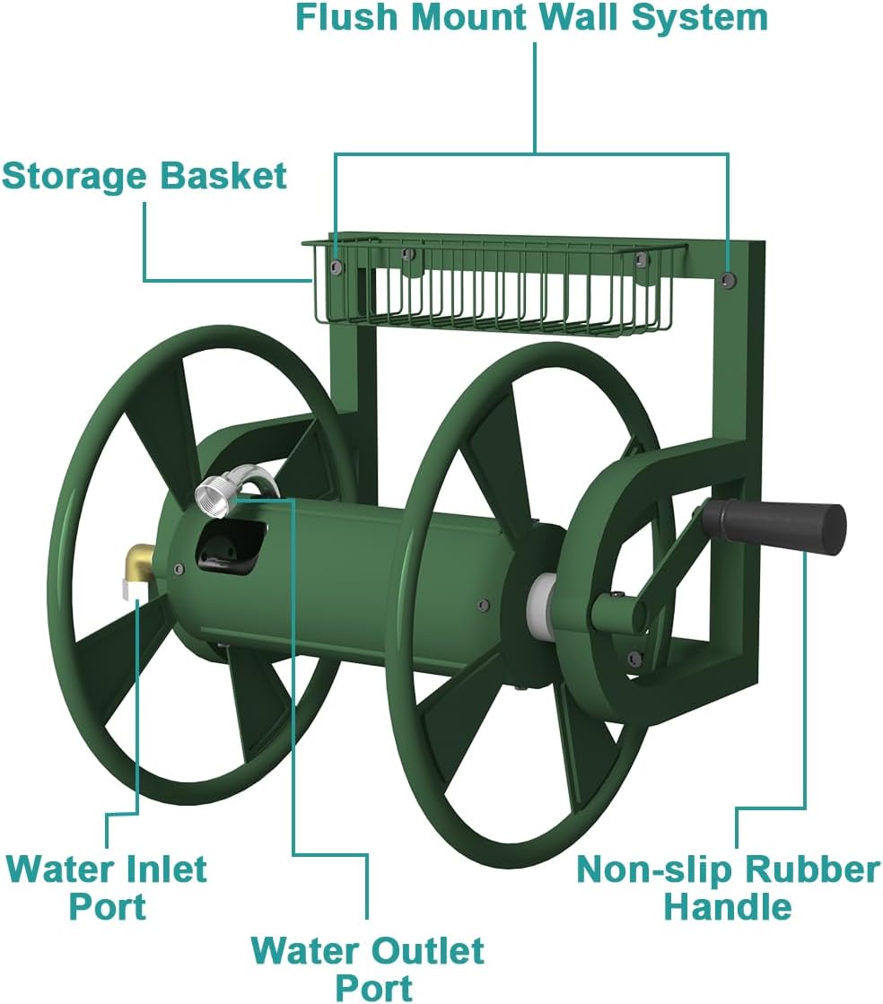 Artigarden Garden Wall Mounted Hose Reel, Outdoor Heavy-Duty Water Hose Holder Winder, Holds 125 Feet of 5/8-Inch Hose, with 3.9 ft Leader Hose, Water Fitting and Storage Basket for Yard, Black