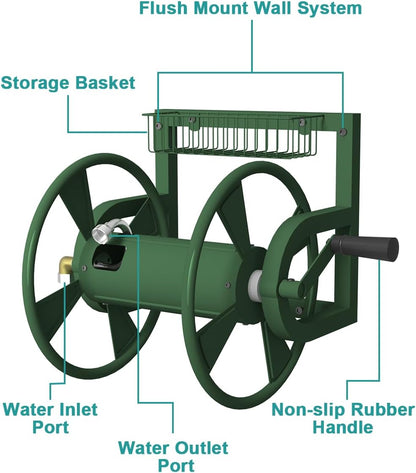 Artigarden Garden Wall Mounted Hose Reel, Outdoor Heavy-Duty Water Hose Holder Winder, Holds 125 Feet of 5/8-Inch Hose, with 3.9 ft Leader Hose, Water Fitting and Storage Basket for Yard, Black