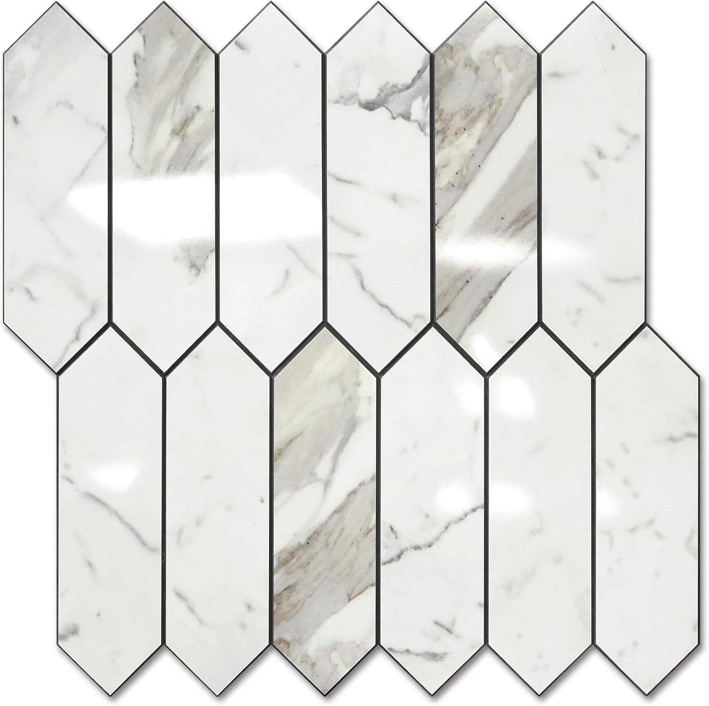 Vamos Tile Glossy Dolomite White Backsplash Tile Peel and Stick, 12.8 x 12.8 Inch 10 Sheets Long Hexagon PVC Self Adhesive Mosaic Wall Tiles Stick on Backsplash for Kitchen and Bathroom