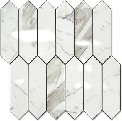 Vamos Tile Glossy Dolomite White Backsplash Tile Peel and Stick, 12.8 x 12.8 Inch 10 Sheets Long Hexagon PVC Self Adhesive Mosaic Wall Tiles Stick on Backsplash for Kitchen and Bathroom