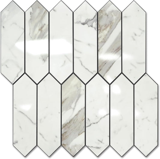 Vamos Tile Glossy Dolomite White Backsplash Tile Peel and Stick, 12.8 x 12.8 Inch 10 Sheets Long Hexagon PVC Self Adhesive Mosaic Wall Tiles Stick on Backsplash for Kitchen and Bathroom