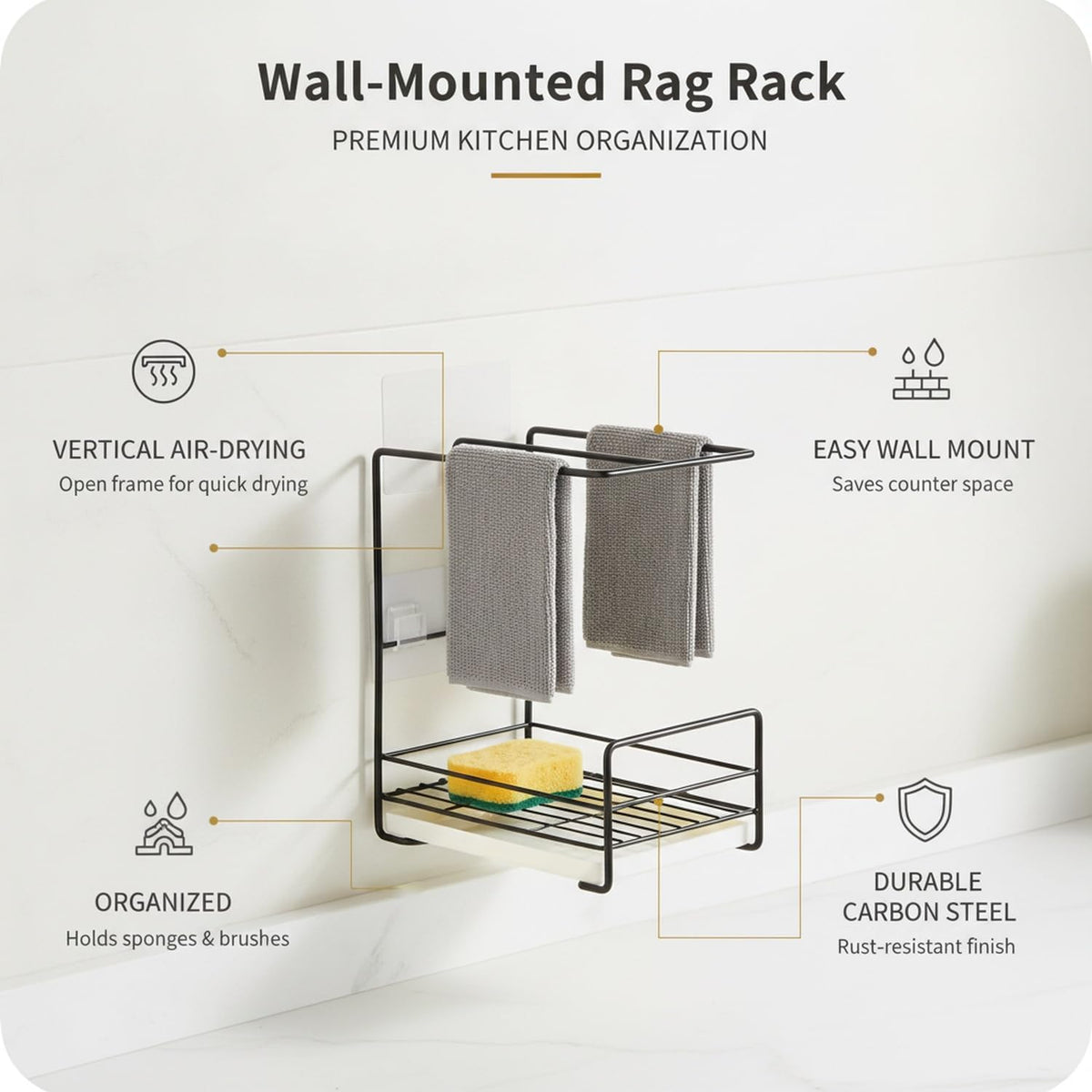 Wall-Mounted Rag Rack, Carbon Steel Sponge and Cloth Holder for Kitchen Sink Side Organization (1 PC)