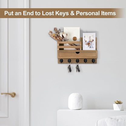 Key Holder Wall Mount, Mail Holder with Storage Drawer and 5 Key Hooks for Coat, Dog Leash, Home Decor Rack, House Accessories, Entry Way Organizer