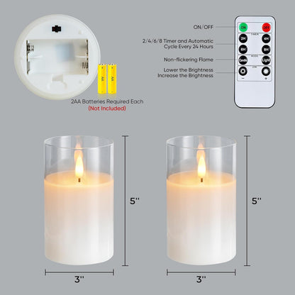 Amagic Clear Glass Flameless Candles Battery Operated with Timer, Remote Control, LED Pillar Candles, Battery Powered, Valentine's Day Decor, Pure White Wax, Set of 3
