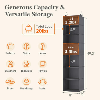Lifewit 5 Tier Hanging Closet Organizer and Storage for Shelves, Foldable Clothes Shelf with 2 Sturdy Hooks, Sweater/Coat/Shoes Clothing Organization for Wardrobe, Dorm, Bedroom, Gray