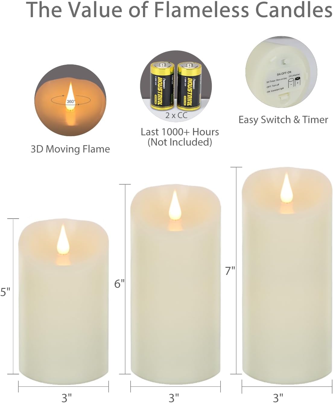 TECHLONG Flameless Candles with Remote Timer, 3D Moving Flickering Flame Battery Operated Candles Lasting 1000+ Hours, 3" x 5" Ivory Real Wax Electric LED Pillar Candles, Set of 2