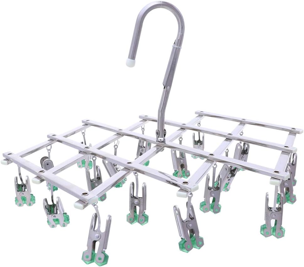 Drying Hanger, Hanging Drying Rack, Drip Hanger Stainless Steel with 18 Pegs for Laundry Underwear Socks, Quickly Remove Clothes from Hanger, Windproof, Folding Portable, (Red)