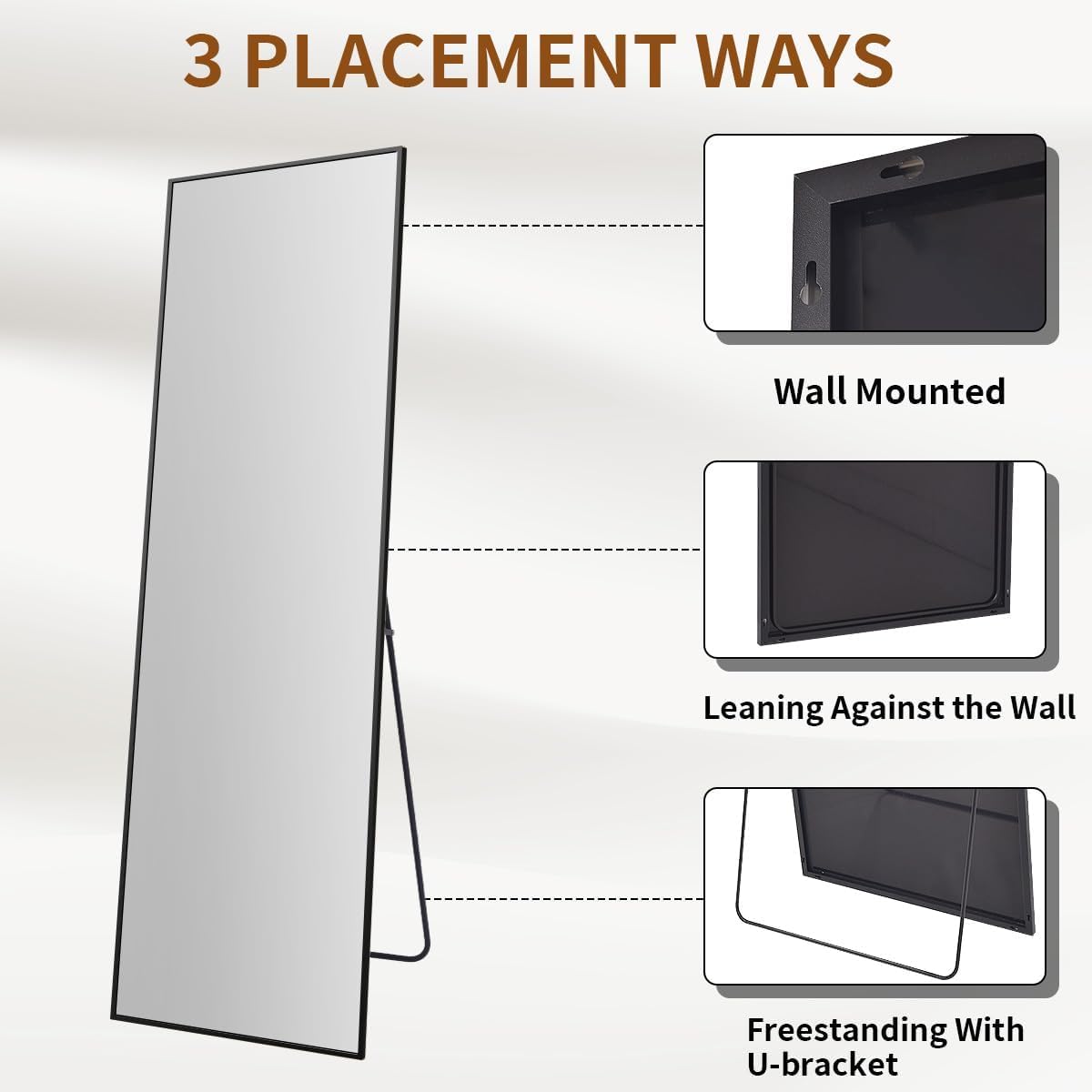 VooBang Mirror Full Length - 21" x 57" Floor Mirror with Stand, Aluminum Alloy Frame Full Body Mirror, Standing Hanging or Leaning Against Wall for Bedroom and Living Room, Black