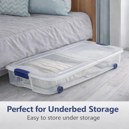 66 Quart Underbed Storage Bin with Wheels & Clear Lid, Under Bed Storage Container for Blankets, 39.5" x 20.25" x 7", Split-Lid Design & Smooth Gliding Wheels