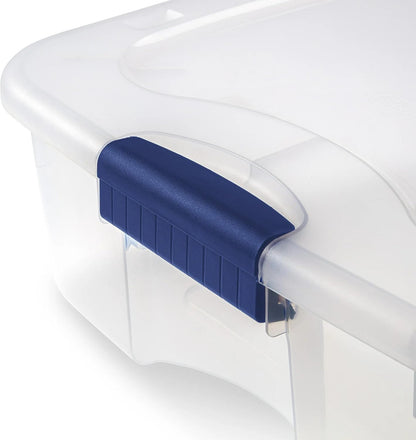 Large Storage Bin 66 Quart, Clear Underbed Storage Container with Latching Lid and 4 Wheels, Blue Plastic Organizer for Bedroom, Closet, or Home