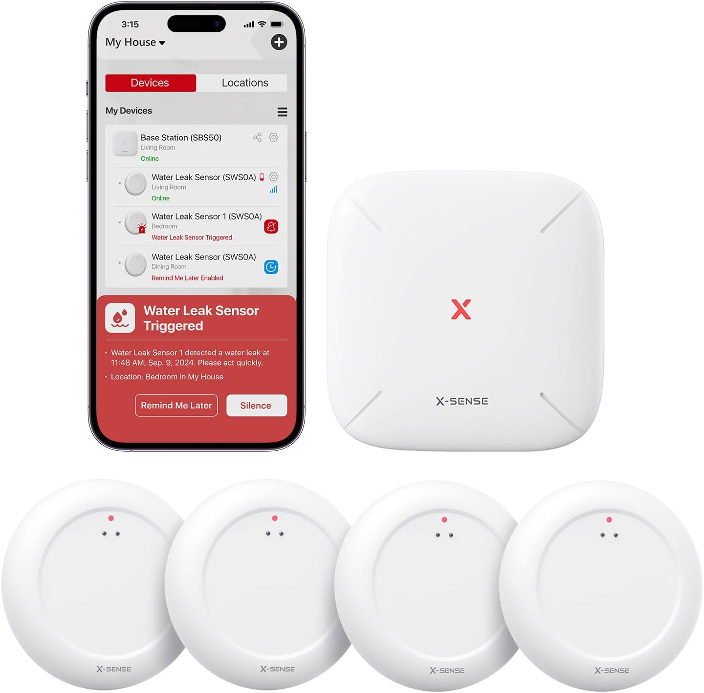 X-Sense Water Leak Detector Kit, Wi-Fi Water Sensor Alarm, SWS0A41 | Base station included for app alerts; water alarm coverage for sinks, heaters, washers, bathrooms, basements and garages