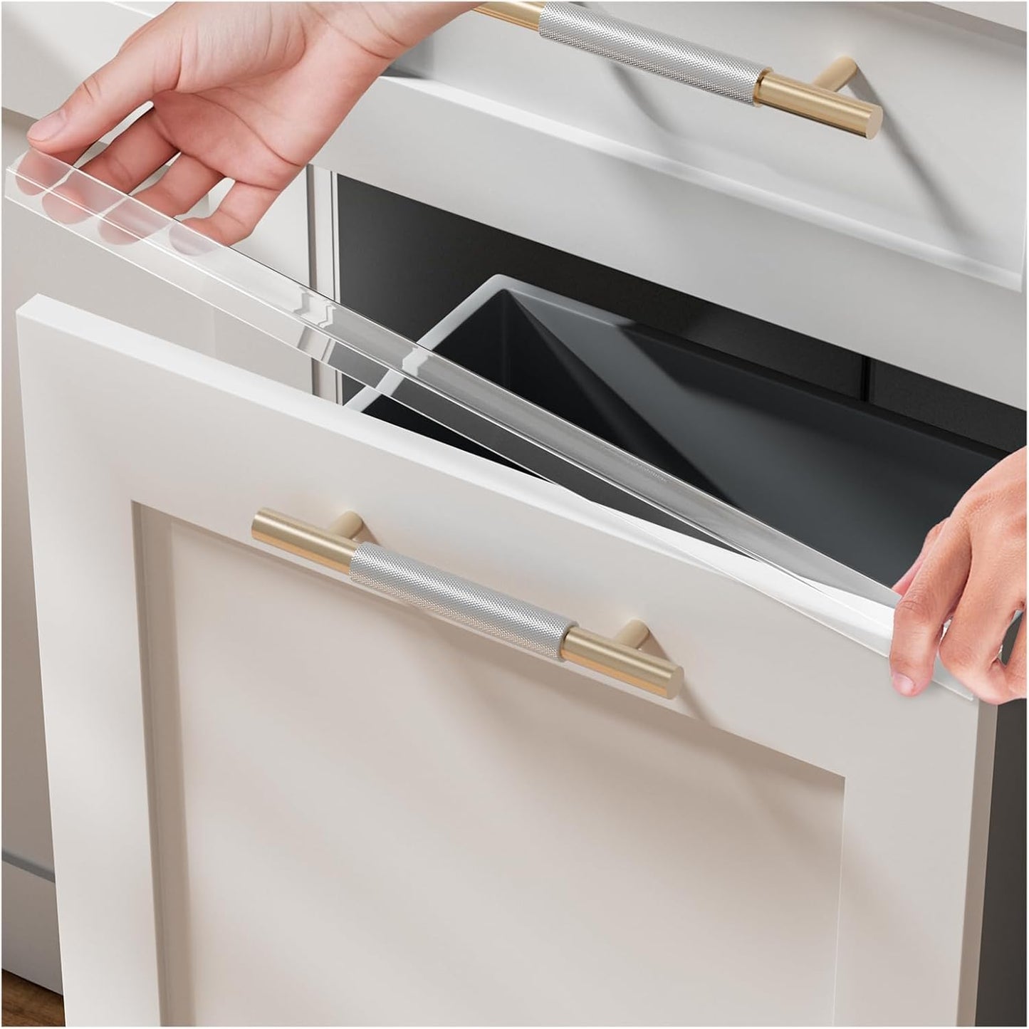 2 Pack Cabinet Protectors for Kitchen Cabinets, 18" Length Clear Cabinet Door Protector Edge Guard 3/4" Thick for Kitchen Drawer Fronts, Slip-On Plastic Edge Guard to Protect Sink & Trash Drawer
