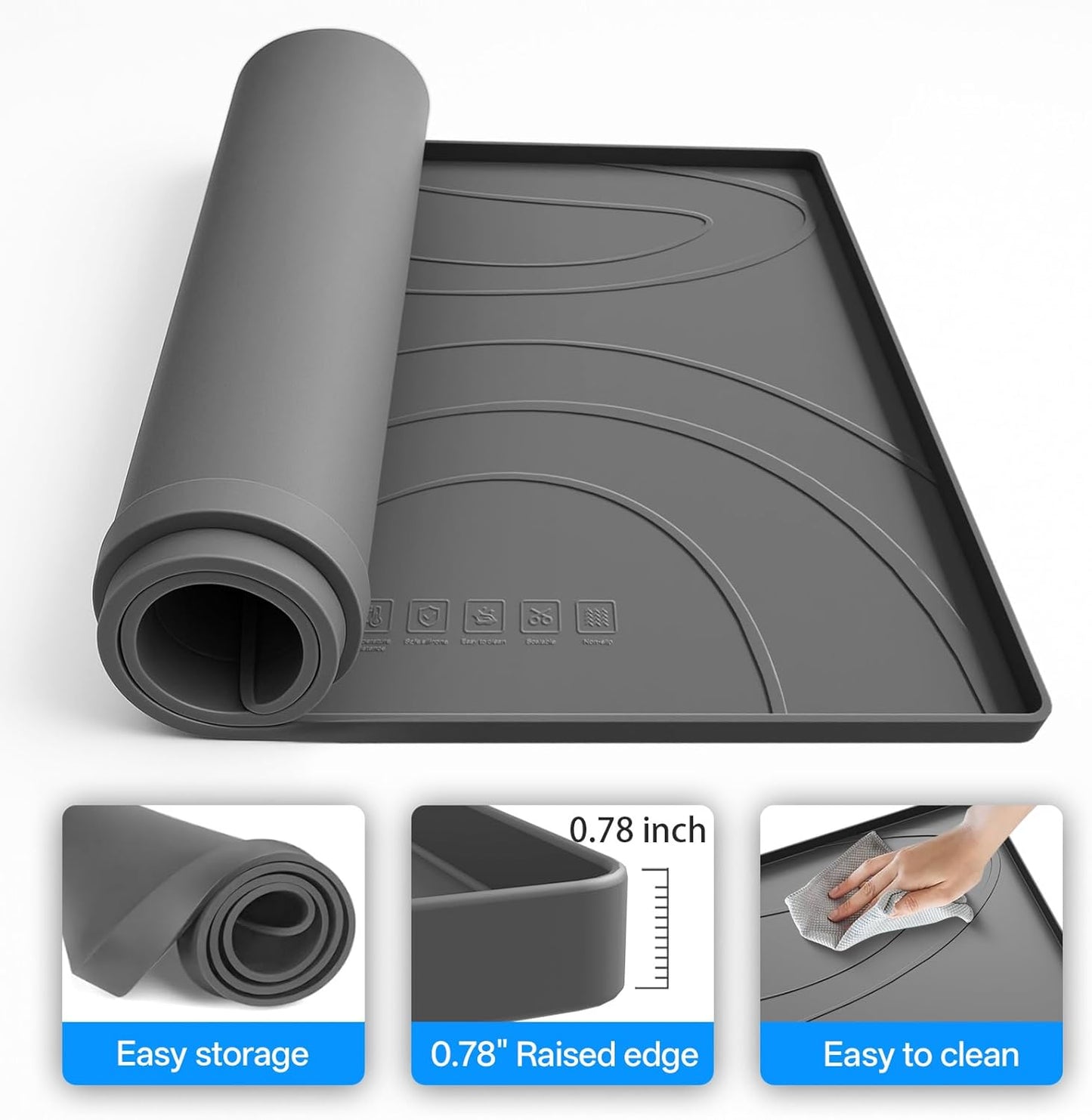 Washing Machine Drain Pan Silicone Mat,Extra Thick 33x30inch Non-Slip Waterproof Washer Tray,Raised Edge Drip Mat for Under Dryer or Washer,Anti-Vibration,Floor Leak Protector for Laundry Room