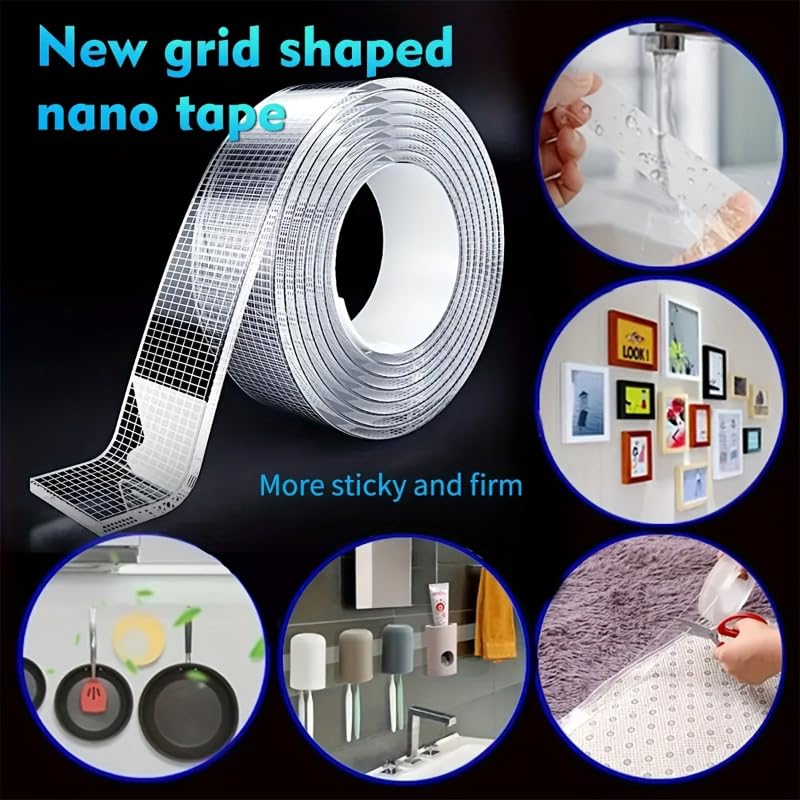 5M Nano Double Sided Tape, Heavy Duty Transparent PET Adhesive, Reusable No Residue Mounting Tape, Strong Grip Adhesive for Home, Office & Car Use (Transparent Tape)