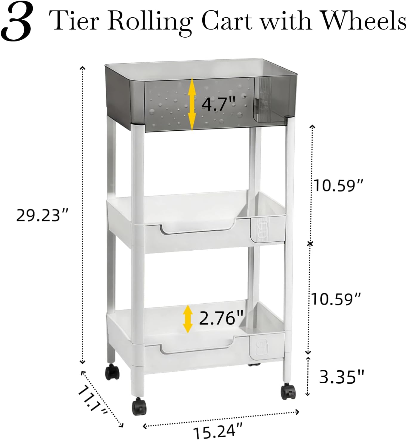 2 Tier Rolling Cart with Wheels for Under Desk Storage, Heavy Duty Plastic Short Small Utility Cart for Small Space Bathroom Vanity Makeup Organizer Pantry, 4.7'' Deep Baskets for Tall Bottles