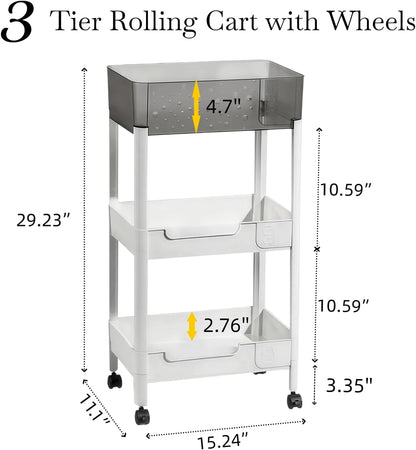 2 Tier Rolling Cart with Wheels for Under Desk Storage, Heavy Duty Plastic Short Small Utility Cart for Small Space Bathroom Vanity Makeup Organizer Pantry, 4.7'' Deep Baskets for Tall Bottles