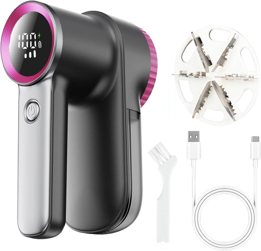 Rechargeable Fabric Shaver & Lint Remover, Electric Sweater Defuzzer with 3 Speeds, 6 Leaf Blades, LED Display & Type-C Fast Charging, Lint Shaver for Clothes, Furniture, Sweater, Couch