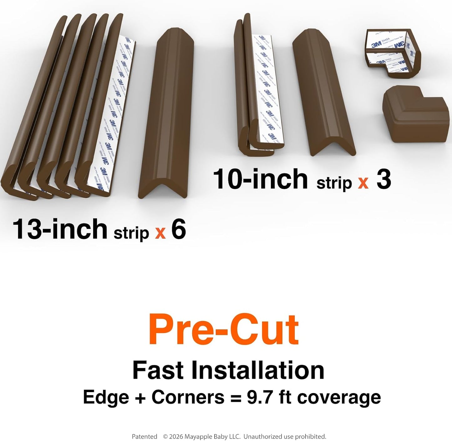 Roving Cove PreFit Fireplace Edge Corner Protector, Extra-Wide 9ft Edge 2 Corners, Pre-Taped 3M Adhesive, Baby Proofing Bumper Guards, Coffee Brown