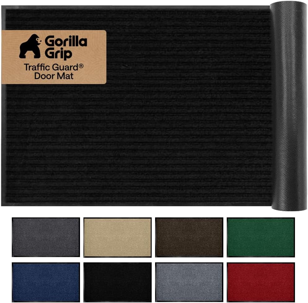 GORILLA GRIP Waterproof Traffic Guard Door Mat, Heavy Duty Entryway Mats, Strong Backing Commercial Utility Rugs for Office Hallway, Garage Floor and Home, Low Profile Carpet Runner, 29x17, Black