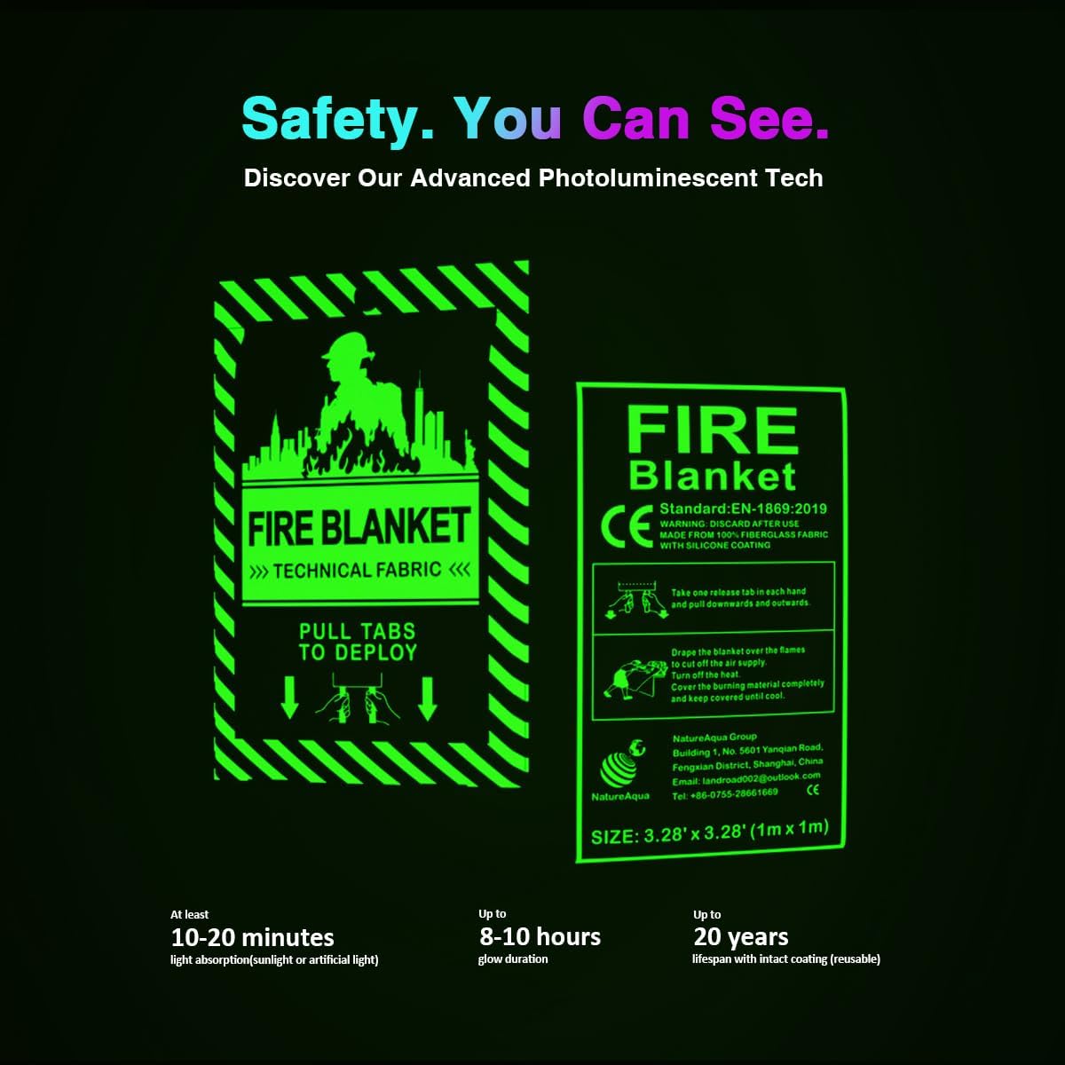 Glow-in-The-Dark Emergency Fire Blanket-3 ply Glass Fibre Fabric Construction, 2 Side Silicone Coated Fire Blanket, 40” x 40” Fiberglass Fire Blankets Emergency for Home and Kitchen, 2 Pack