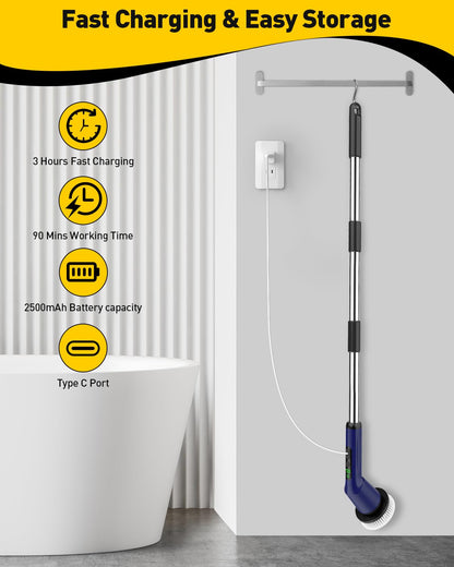 Shower Scrubber with Long Handle, Shower Cleaner Brush with 8 Floor Machine Pads, Cordless Electric Spin Scrubber for Cleaning with 2 Speed, Cleaning Supplies for Bathroom Bathtub Kitchen Floor Tile