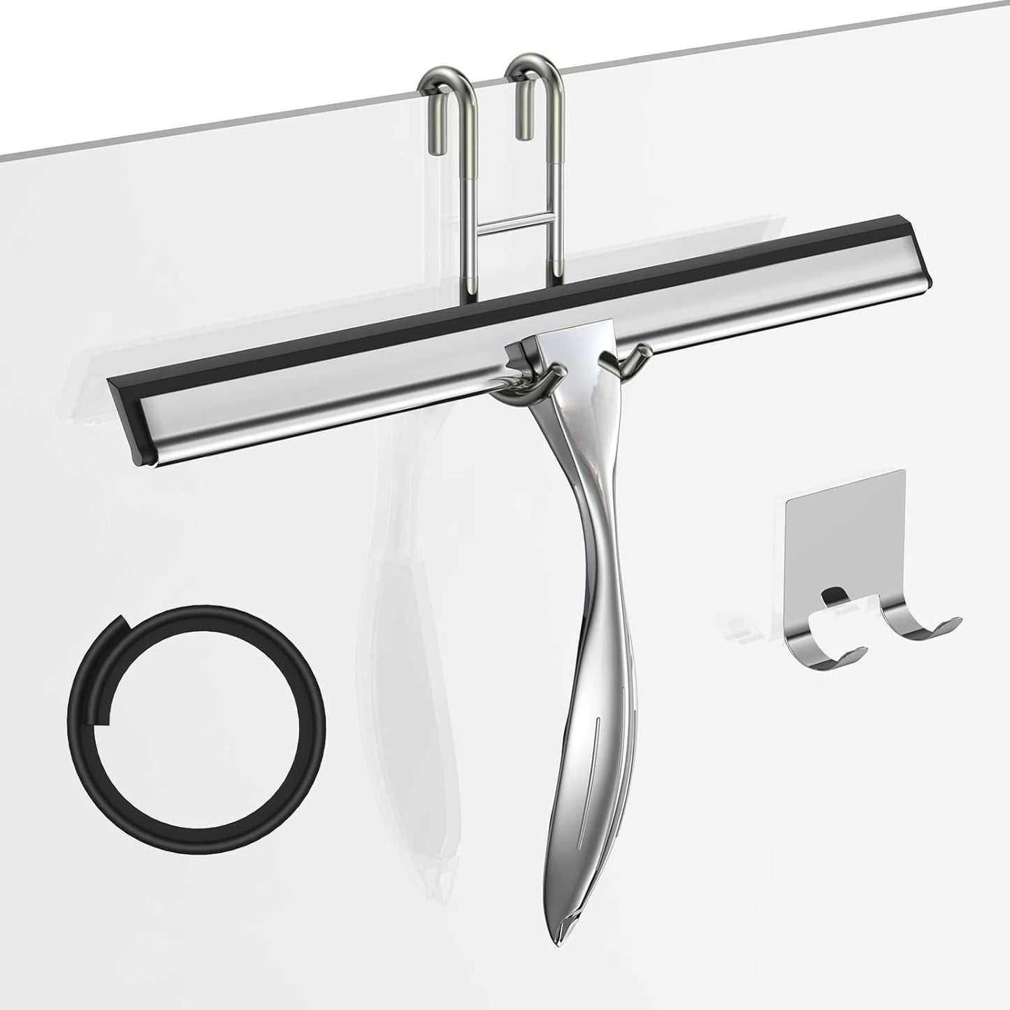 14-Inches Stainless Steel Shower Squeegee Set, Include Shower Door Hook, Adhesive Hook and Spare Silicone Blade, Window Squeegee for Shower Glass Door, Bathroom, Mirror, Window and Car Glass