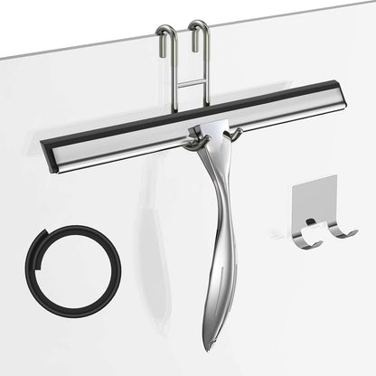 14-Inches Stainless Steel Shower Squeegee Set, Include Shower Door Hook, Adhesive Hook and Spare Silicone Blade, Window Squeegee for Shower Glass Door, Bathroom, Mirror, Window and Car Glass