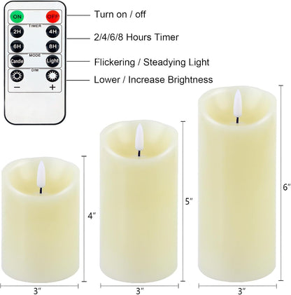 Flameless Candles Battery Operated with Remote Timer, 3D Flame Flickering, Last 500+ Hours Battery Candles, Ivory Real Wax LED Pillar Candle for Wedding Home Christmas Decorations, Set of 3