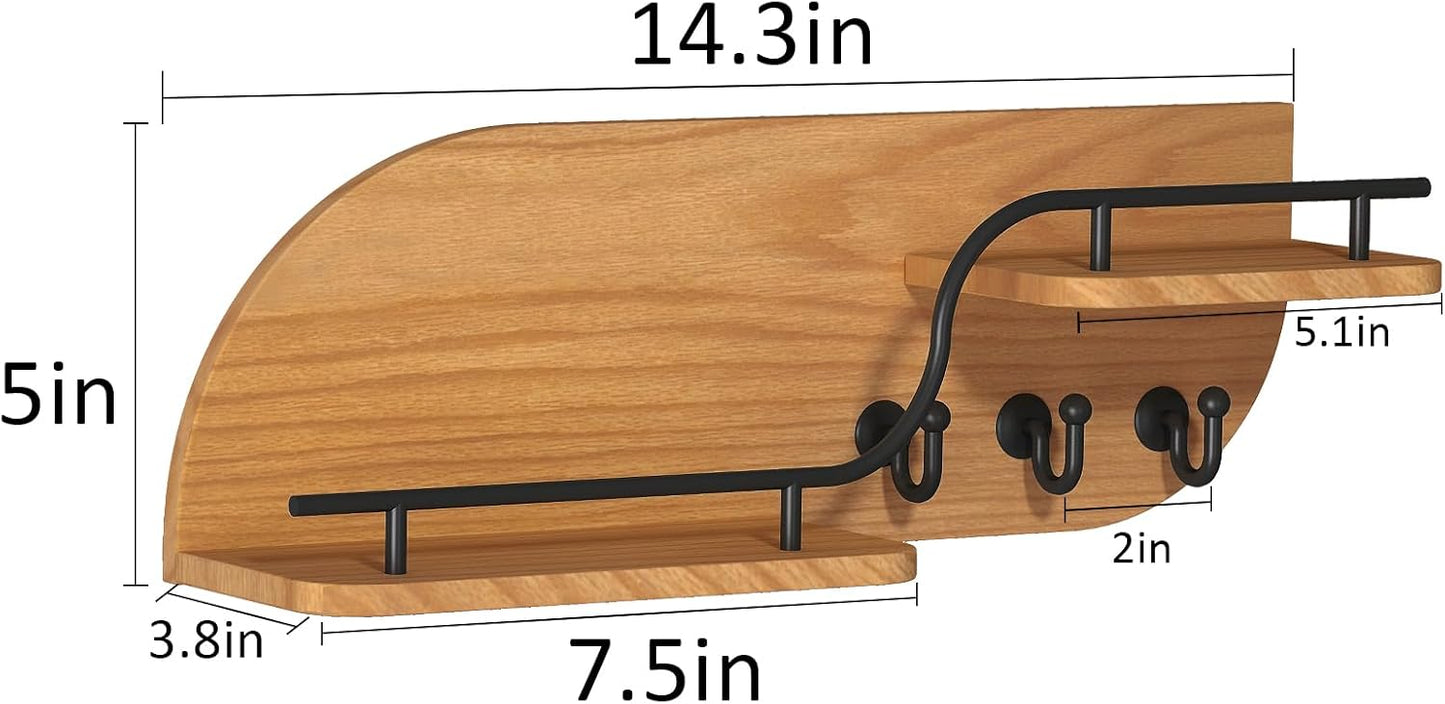 Key Holder for Wall, Decorative Key and Mail Organizer with 6 Sturdy Metal Hooks and Floating Shelf, 14 Inches Wood Wall Mounted Key Rack for Entryway, White and Gold