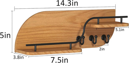 Key Holder for Wall, Decorative Key and Mail Organizer with 6 Sturdy Metal Hooks and Floating Shelf, 14 Inches Wood Wall Mounted Key Rack for Entryway, White and Gold