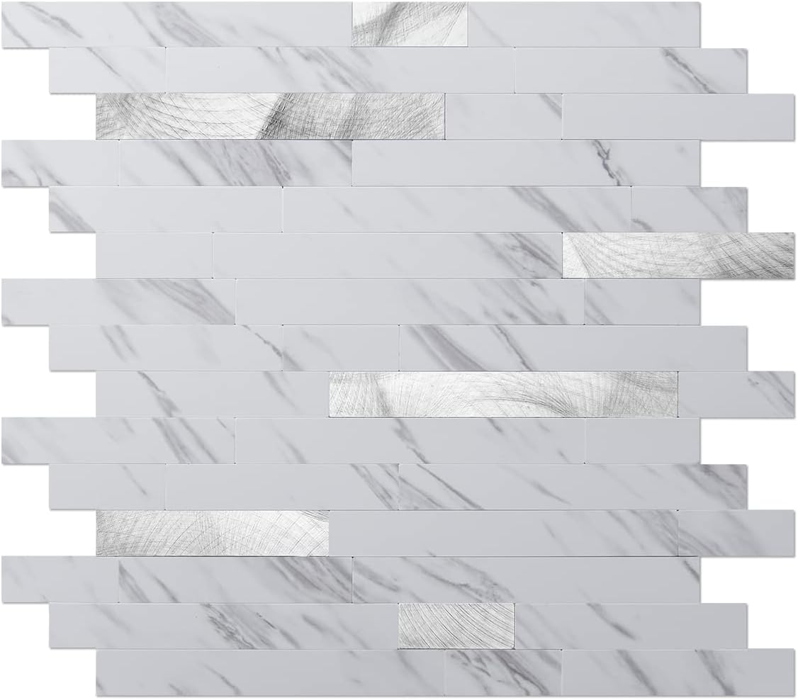 Art3d 10-Sheet Peel and Stick Backsplash Tile for Kitchen Bathroom Fireplace Laundry Room in White Slate with Gold Studded