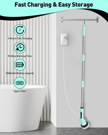 Shower Scrubber with Long Handle, Shower Cleaner Brush with 8 Floor Machine Pads, Cordless Electric Spin Scrubber for Cleaning with 2 Speed, Cleaning Supplies for Bathroom Bathtub Kitchen Floor Tile