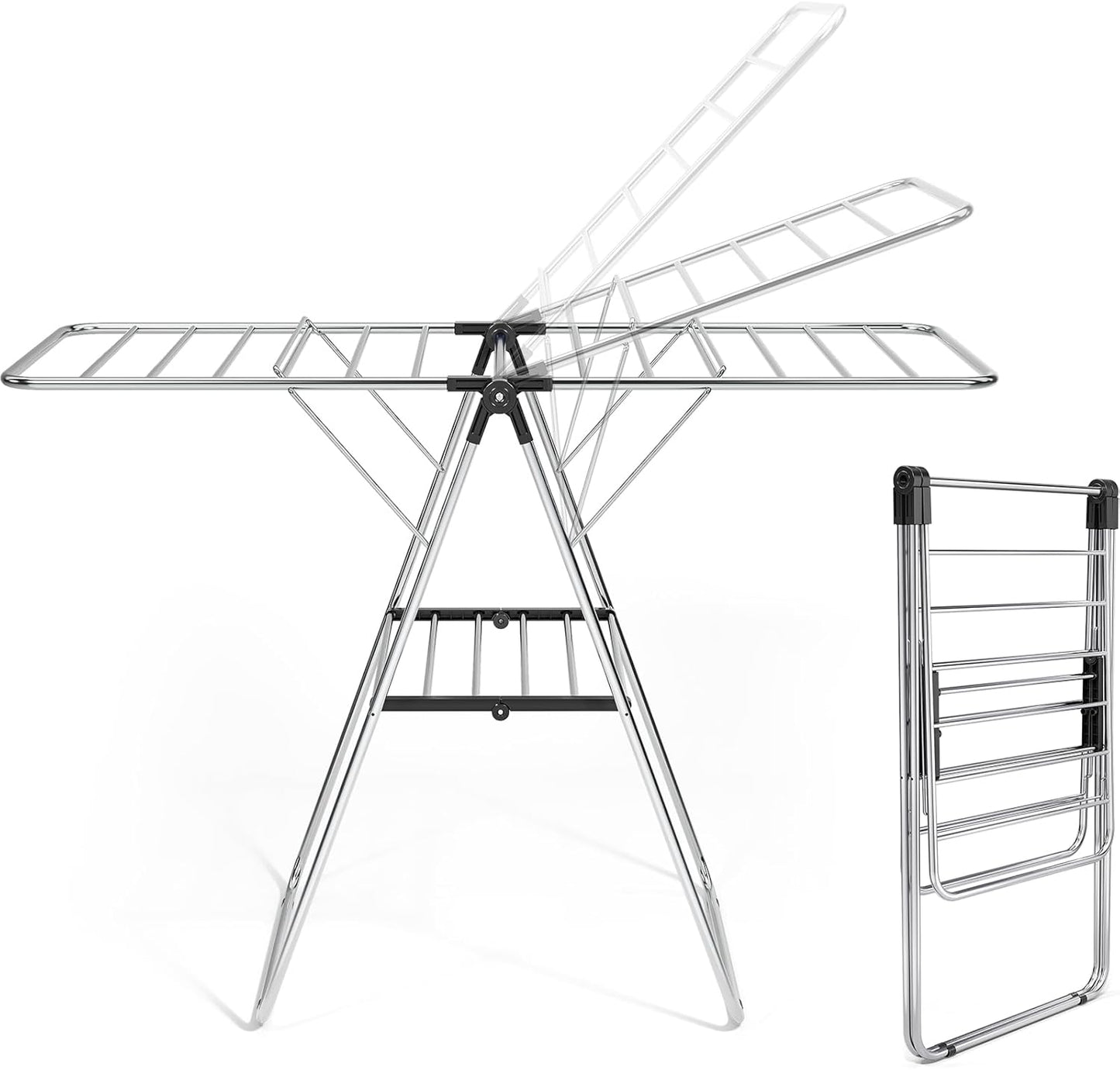 APEXCHASER Large Stainless Steel Clothes Drying Rack, Drying Rack Clothing with Height-Adjustable, Foldable Gullwings Laundry Rack, Indoor Outdoor Use, No Assembly,Black