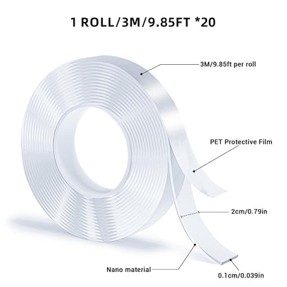 3 Rolls Double Sided Tape, Nano Tape, Transparent Adhesive Tape, Traceless Adhesive Tape, Removable, Washable, Reusable, Suitable for Carpets, Photo Walls, 9.85 Feet Per Roll