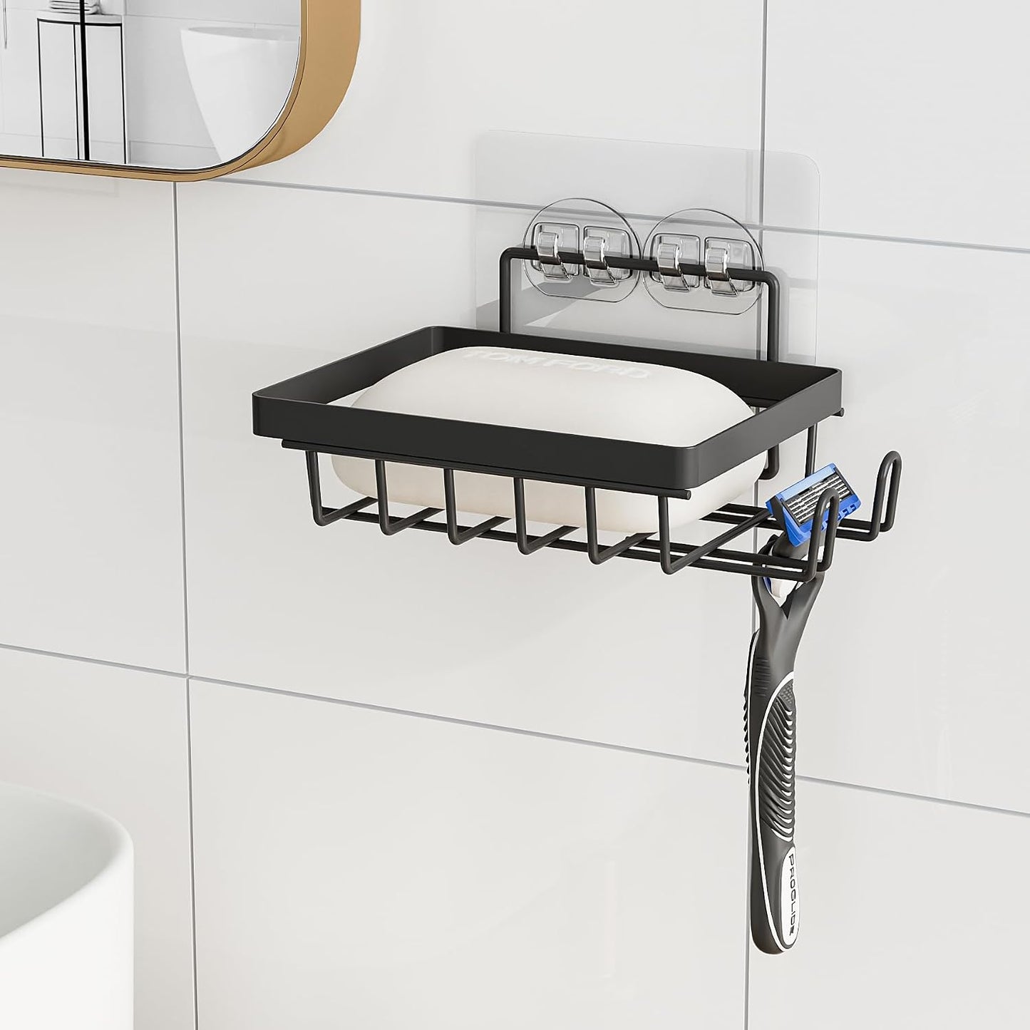 Adhesive Soap Bar Holder for Shower Wall, Self Draining Soap Dish Container Caddy Saver with 2 Hooks for Razor Loofah, Shampoo Sponge Tray Case Box for Bathroom Kitchen Sink, Black